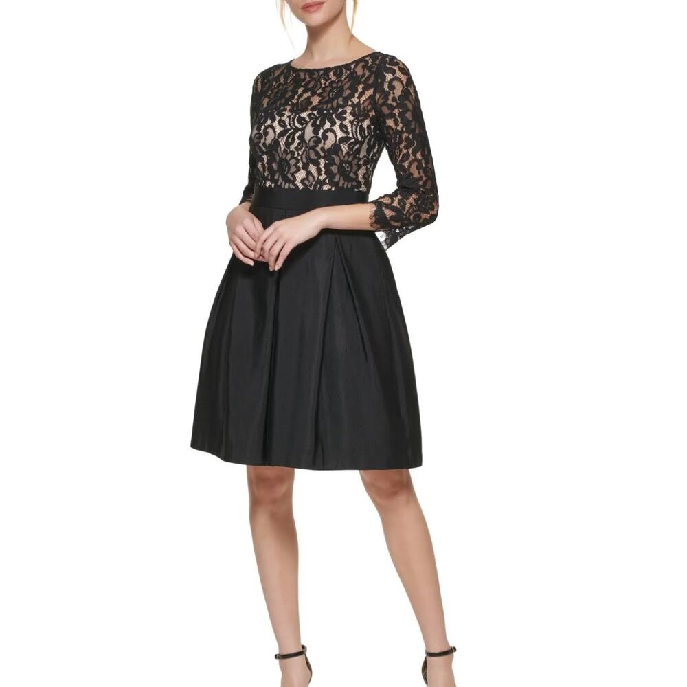 Eliza J Womens Lace-Top Boat-Neck Cocktail and Party Dress in black. Size 4.